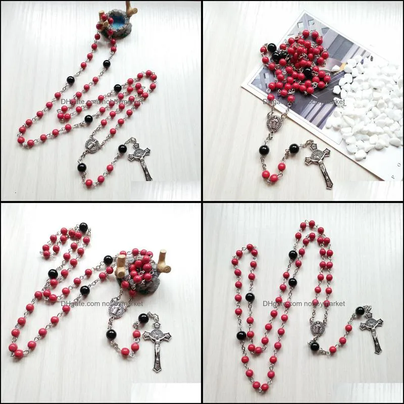 Catholic Cross Jewelry Red Stone Long Women Rosary Necklace