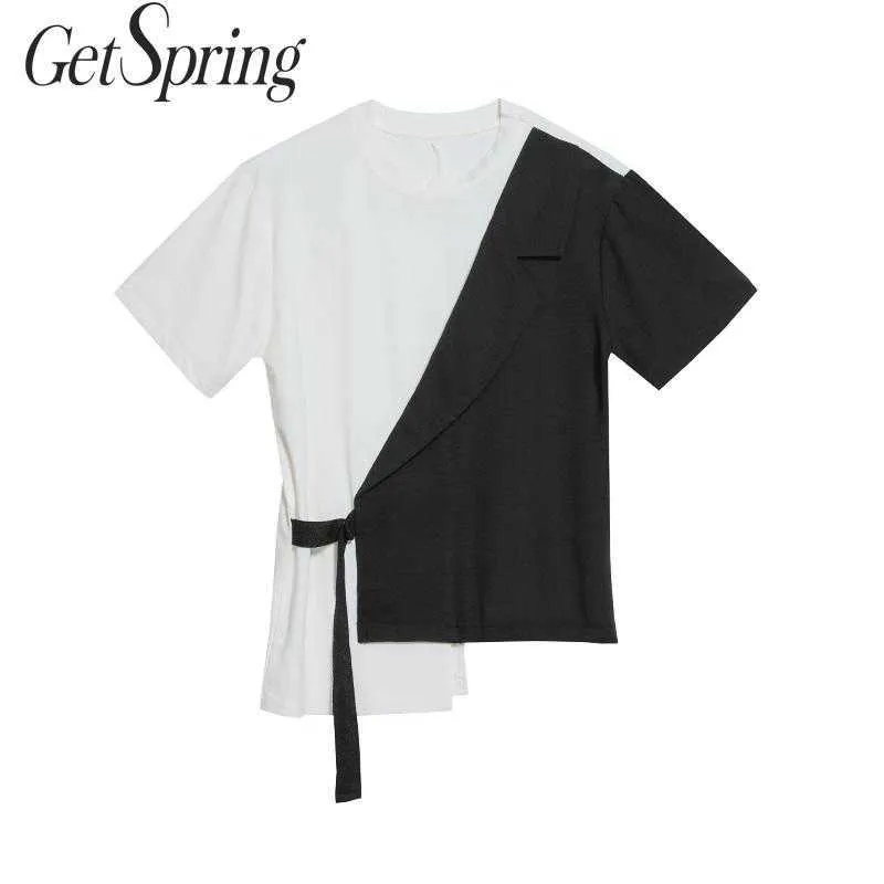 Getspring Kadın Gömlek Bandaj Siyah Beyaz Renk Eşleştirme Düzensiz Gömlek Asimetri Pamuk Kadın Ops Moda 210601