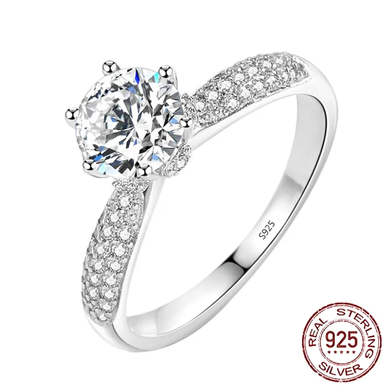 Luxe 6mm 1 carat zircone bague en diamant femme 925 bijoux de mariage en argent promesse bagues de fiançailles pour les femmes J-406