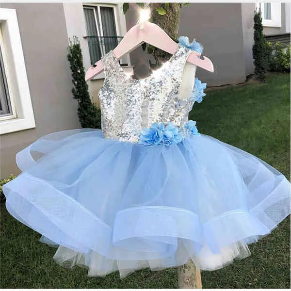 2019 Principessa Dolce 3-8Y Bambino Neonate Vestito da partito Paillettes Blu Patchwork di pizzo Fiori Senza maniche Tutu Abito in tulle Q0716