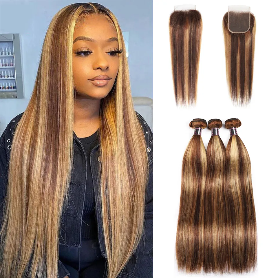 Ishow Highlight 4/27 Human Hair Bundles Wefts With Closure Straight Virgin Extensions 3/4pcs Colored Ombre Brown for Women 8-28inch Brazilian Peruvian