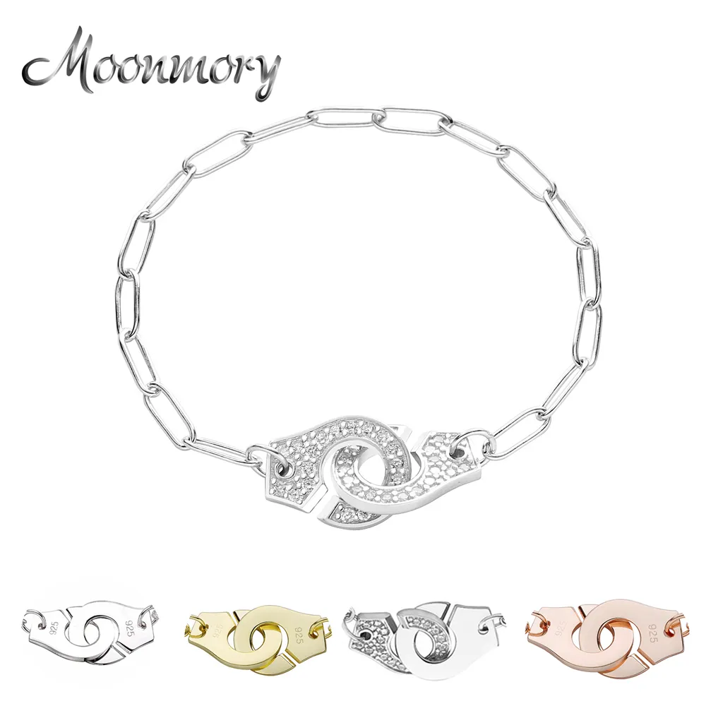 Moonmory 100% Authentic 925 Sterling Silver European Chain Handcuff Menottes Hand Cuff Bracelet For Women Jewelry