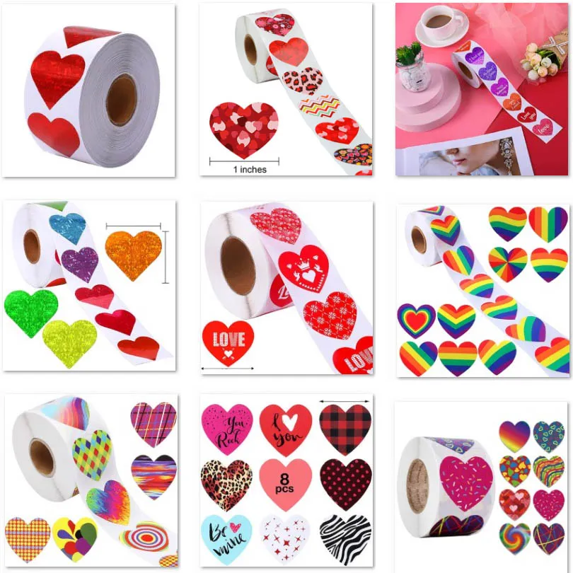 Etiquetas en forma de corazón rojo Etiquetas adhesivas Día de San Valentín Etiqueta de embalaje de papel Candy Dragee Bag Caja de regalo Bolsa de embalaje Boda i pulgadas 2.5 cm 500pcs / Roll FHH22-01