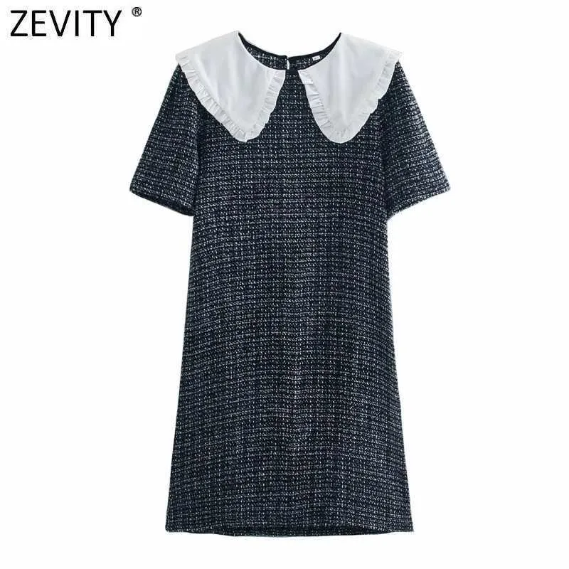 Zevity Frauen Vintage Agaric Spitze Peter Pan Kragen Patchwork Houndstooth Slim Mini Kleid Weibliche Chic Casual Kimono Vestido DS8111 210603