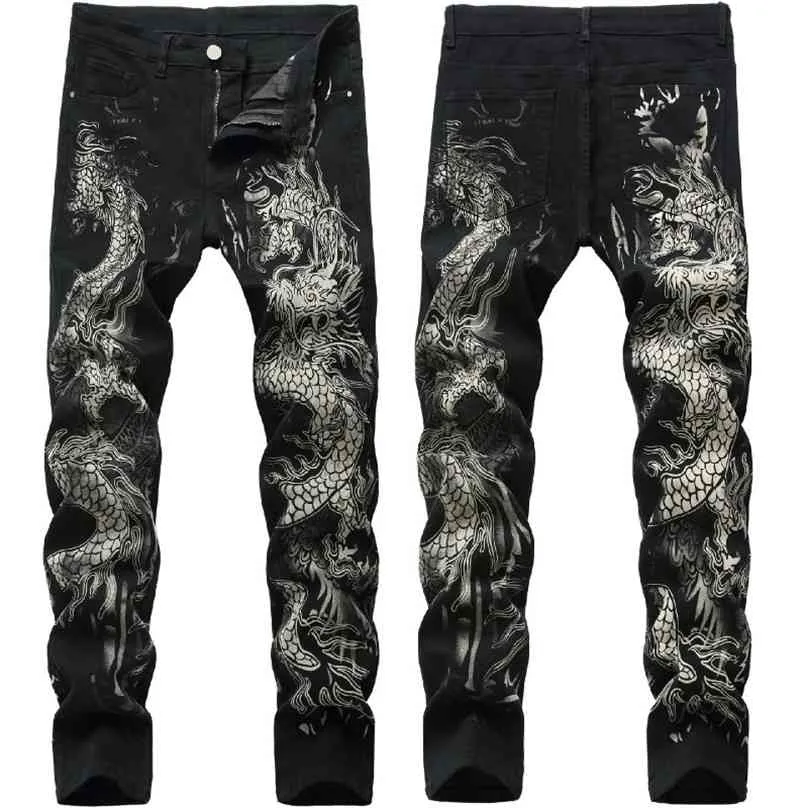 Heren Chinese trendy Dragon Black Skinny Jeans Stretch Comfortabele Fashion Hip-Hop Broek Streetwear Print Broeken 210716