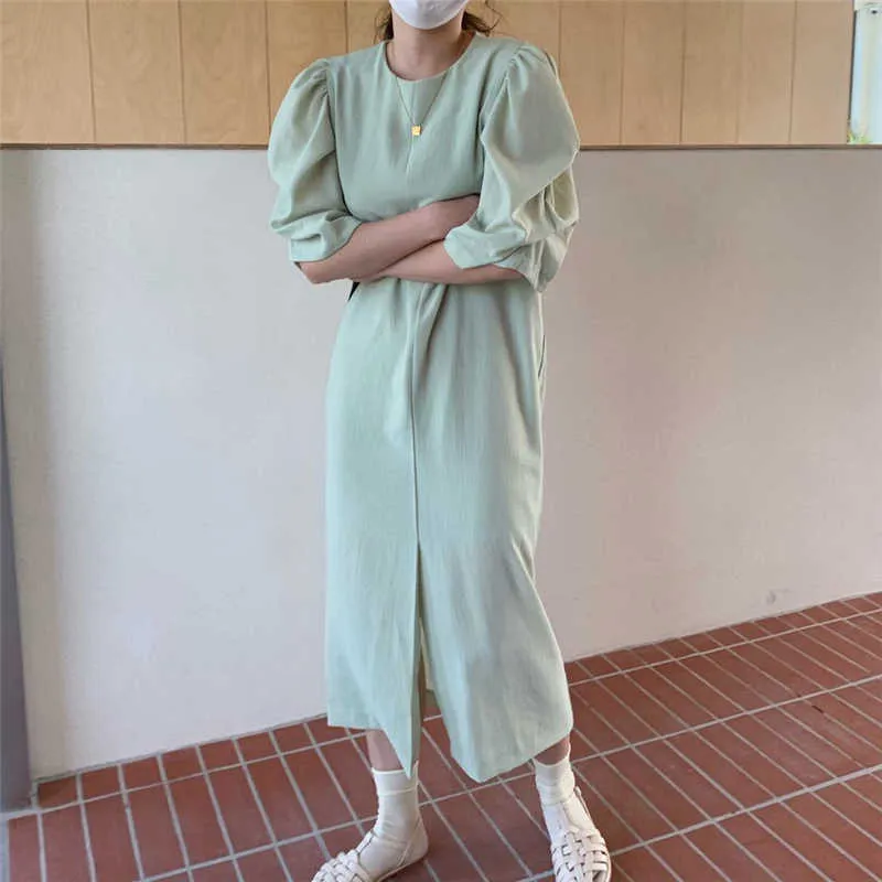 Kore Katı Elbise Kadınlar Chic Yaz Fransız Tarzı Zarif O-Boyun Kırışıklık Puf Kollu Ins Tarzı Gevşek Bölünmüş Çatal Uzun Elbiseler 210527