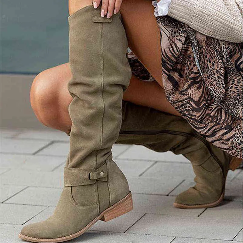 Mulheres joelho botas altas cor sólida camurça senhoras boot outono quente pointed toe sexy zipper Bombas de salto baixo confortável sapatos femininos y1125