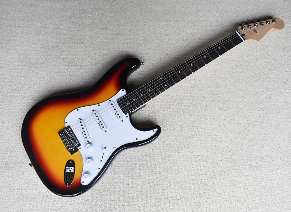 Tobacco Sunburst 6 Strings Electric Guitar with SSS Pickups,Rosewood Fretboard,White Pickguard,Can be Customized