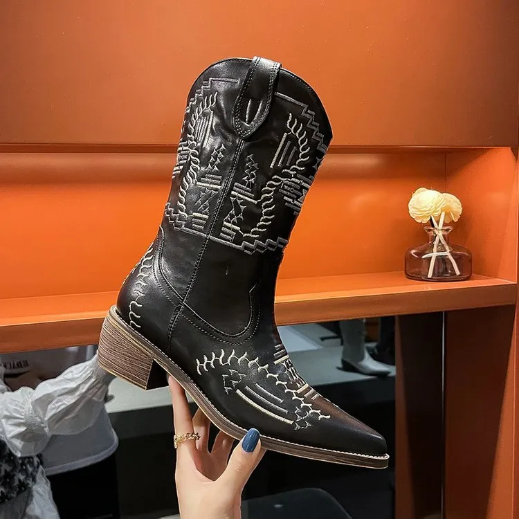 Womens Mid Calf Cowboy Boots Embroidered Western Low Heel Pointed Toe Cowgirl Boots For 2024 From Factory Hopecup Bulk 28.04 DHgate.Com