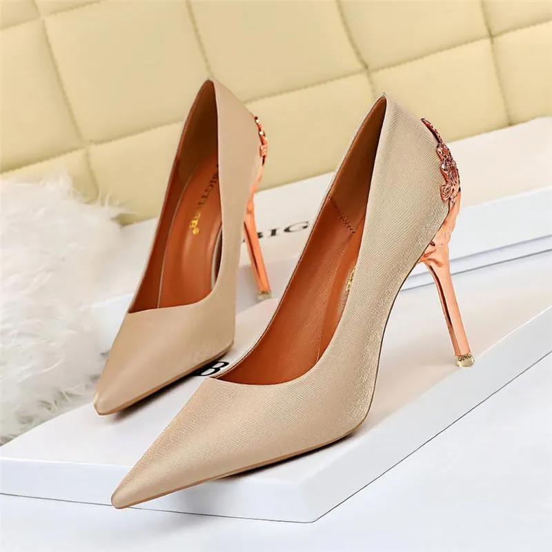 Chaussures habillées BIGTREE 2021 soie femmes métal sculpté talon fin mariée mariage talons hauts pompes Sexy bout pointu dames