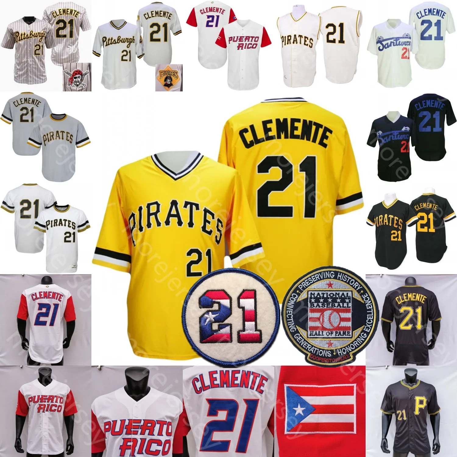 Roberto Clemente Jersey 21 Flag Hall of Fame Patch 1971 Bianco Nero Crema Retro Canapa Grigio Pullover Bottone Girare Indietro Fans Player Santurce