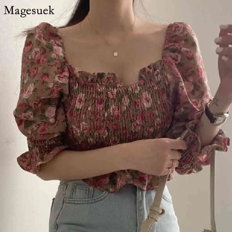 Koreanische Chic Vintage Floral Print Shirt Frau Slim-Fit Puff Sleeve Top Weibliche Quadrat Kragen Chiffon Bluse Frauen Kleidung 14380 210518