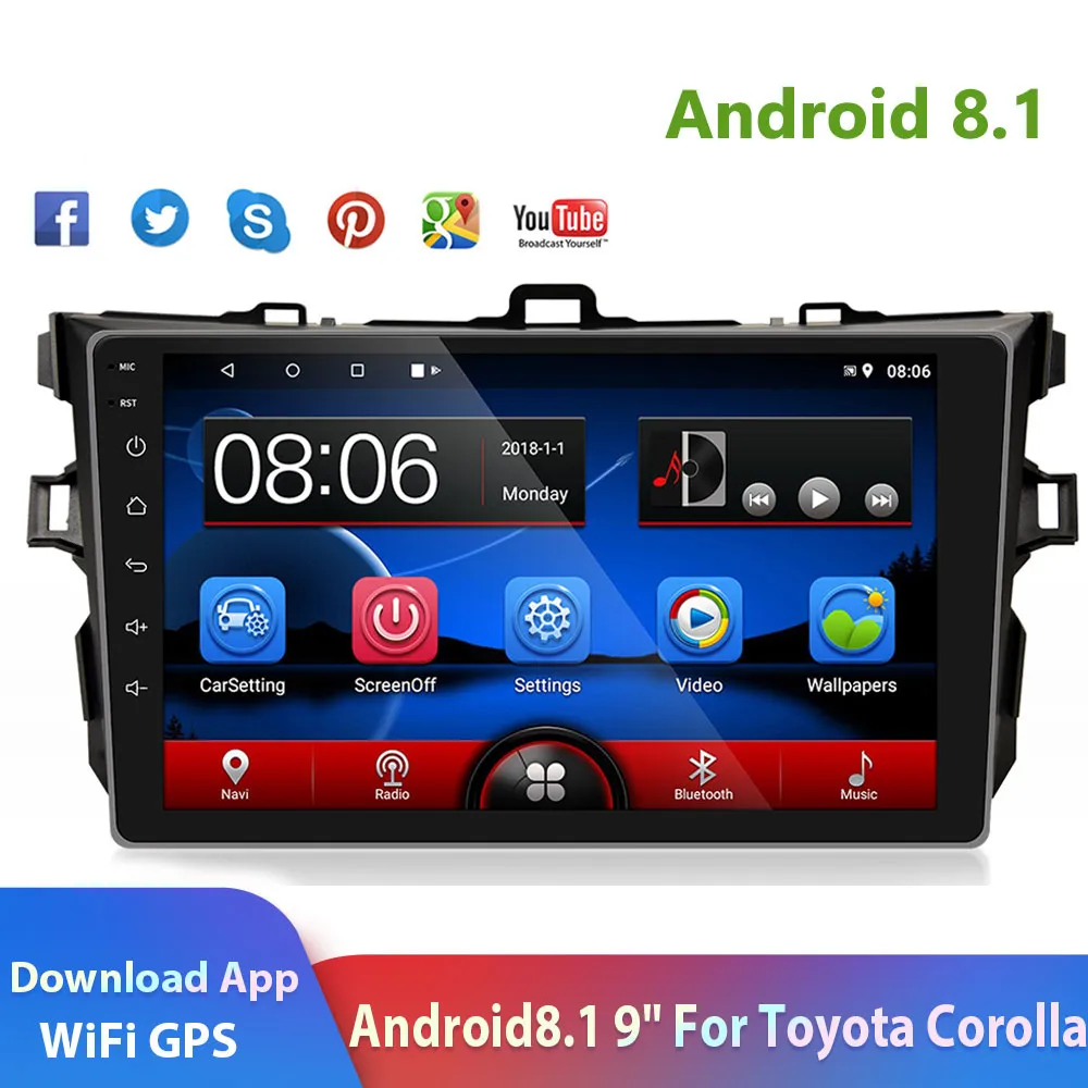 2din Car Radio 9'' Android 8.1 2.5D Glass GPS Navi Car Multimedia Play WIFI Audio For 2006-2017 Toyota Corolla Stero