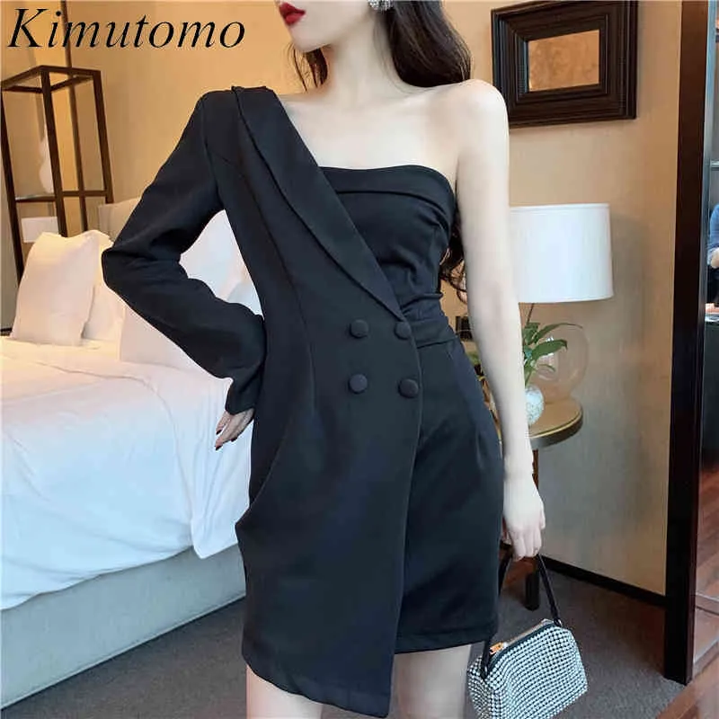 Kimutomo Asymmetrical Off One Shoulder Dress Women Long Sleeve High Waist Double Breasted Solid Mini Vestido De Mujer 210521