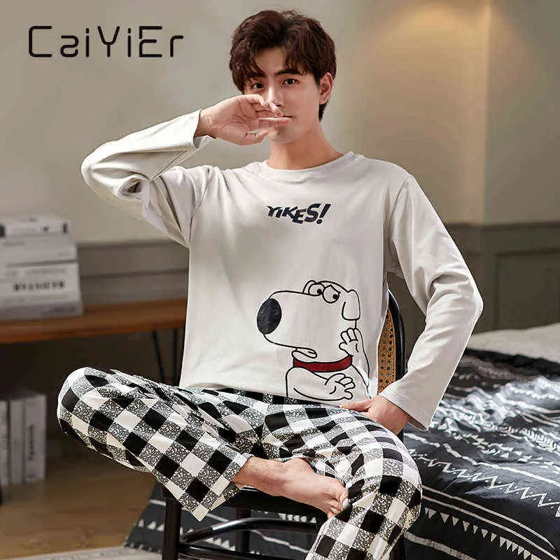 CAIYIER Autumn Winter Men Pajamas Set Cute Cartoon Print Sleepwear Soft Loose O-Neck Male Nightwear Plus Size Lounge Wear M-3XL 211111