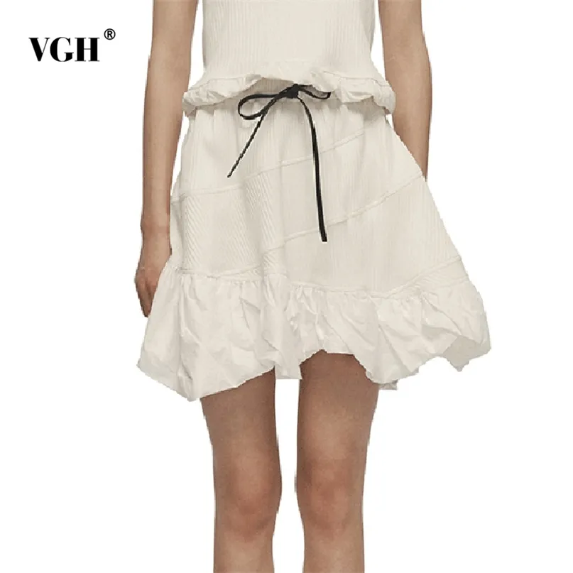女性のためのカジュアルな白いパッチワークちょう結びスカートのための高い腰韓国の緩い非対称スカート女性夏のファッションスタイル210531