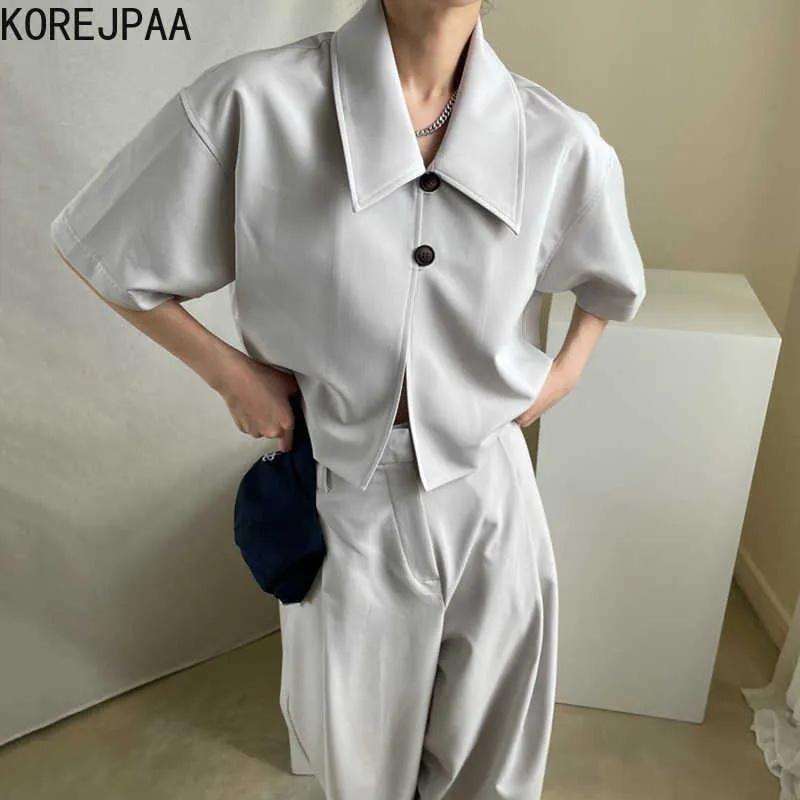 Korejpaa Dames Sets Summer Temperament Revers Two Button Losse Korte Mouwen Jas Hoog getailleerd Wide-Poot Casual Broek 210526