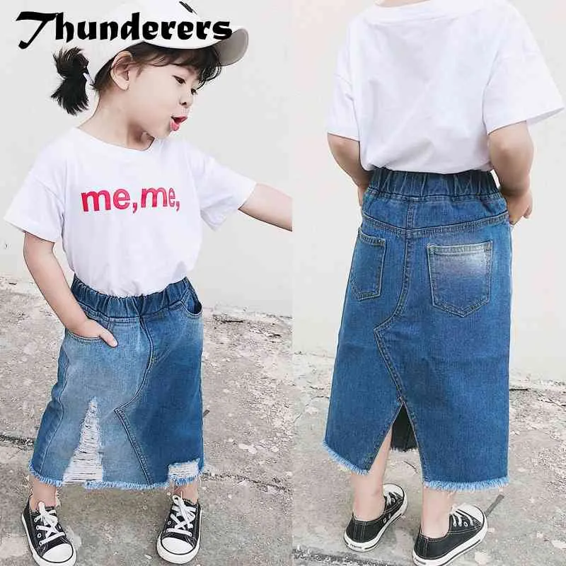 Thunderers Casual Summer Höst Barn Lång kjol Rippad Broken Elegant Tjej Denim Skirt Split Fashion Baby Girl Clothes 210331