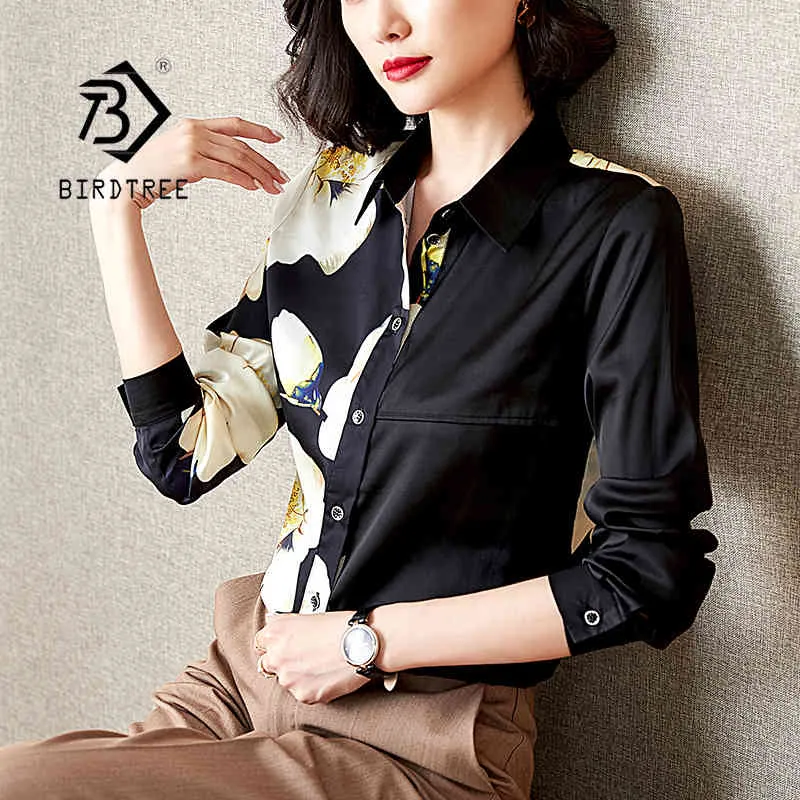Satynowa bluzka Kobiety z długim rękawem nacisk na drukarnię koszulki kobiece wiosna kieszeni blusas rupa t11001x 210416