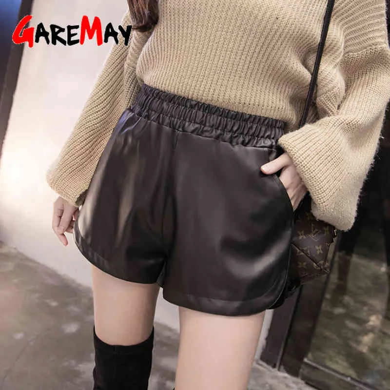 GareMay fall winter leather shorts women's black high waist korean style plus size PU panties female casual for women 210428