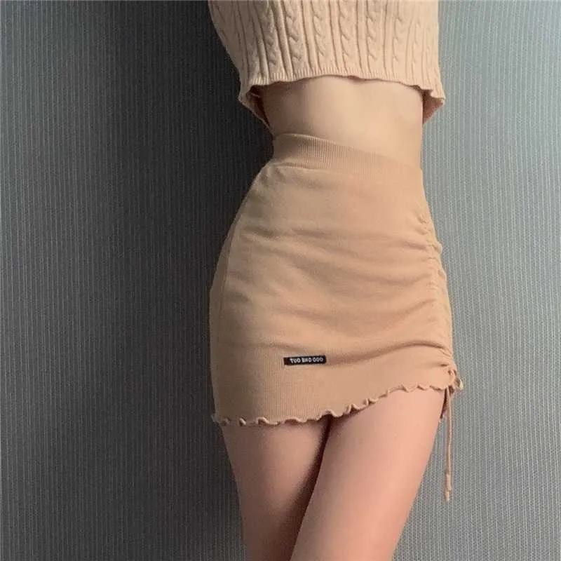 Summer Sexy wysokiej talii sznurek mini spódnica kobiet dzianiny rozciągliwy wrap biodra khaki y2k ubrania 210604