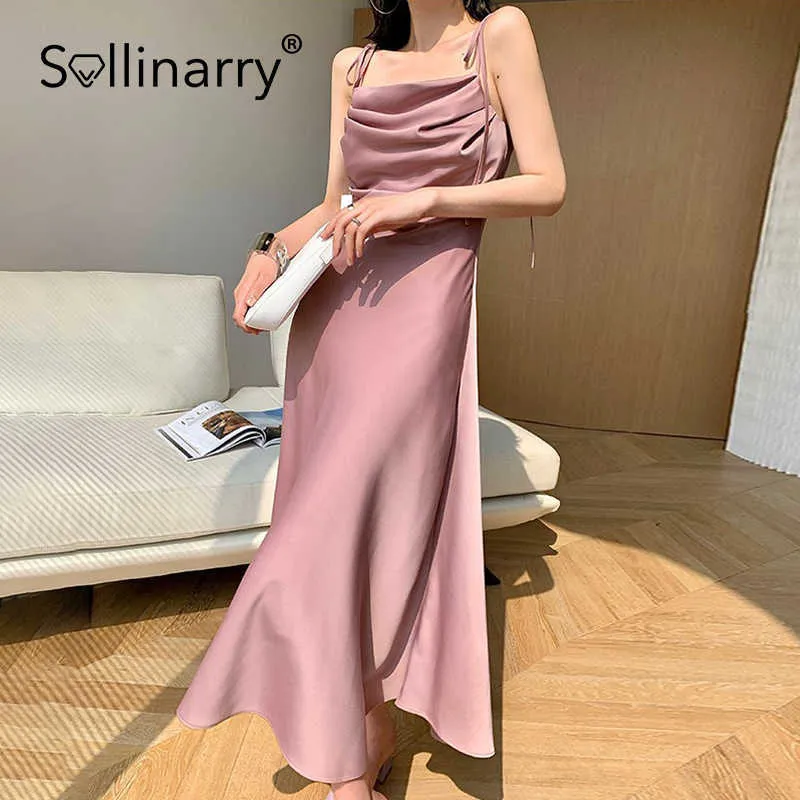 Sollinarry High street slip women's summer long dress Elegant lace up pink dresses ladies A-line one shoulder pleated Vestidos 210709