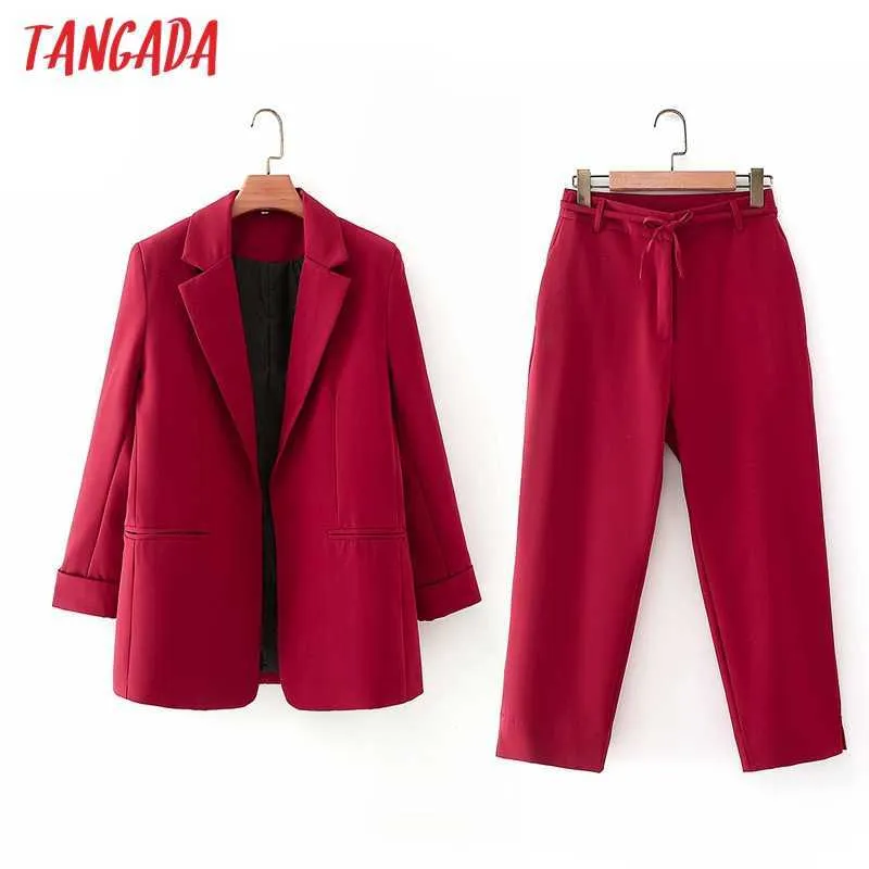 Tangada Tracksuit Sets Office Lady Work Women's Red Blazer Pants Suit 2 Piece Coat and DA92 210930