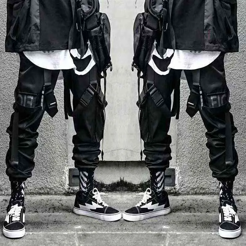 2021 Joggers lastbyxor för män Casual Hip Hop Hit Färgficka Manlig byxor Sweatpants Streetwear Ribbons Techwear Pants G0104