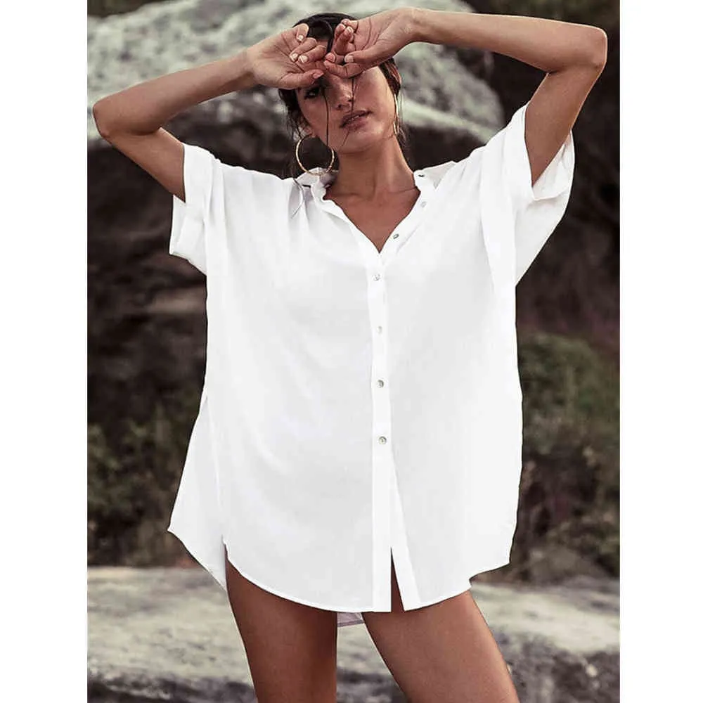 White Shirt Beach Dress Ladies Bikini Cover Up Women Vacation Skirt Swimsuit Summer Wear 210521