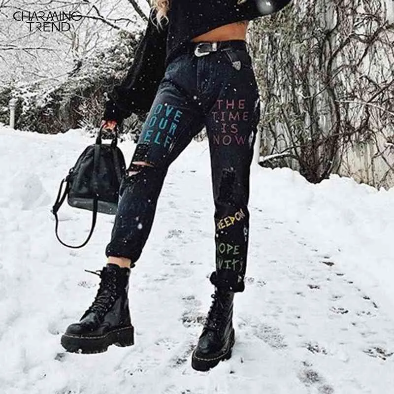 Autumn Winter Jeans Woman Letter Graffiti Offset Printing Distressed Denim Pants For Ladies Tight High-waist Nine Bottoming Jean 201030