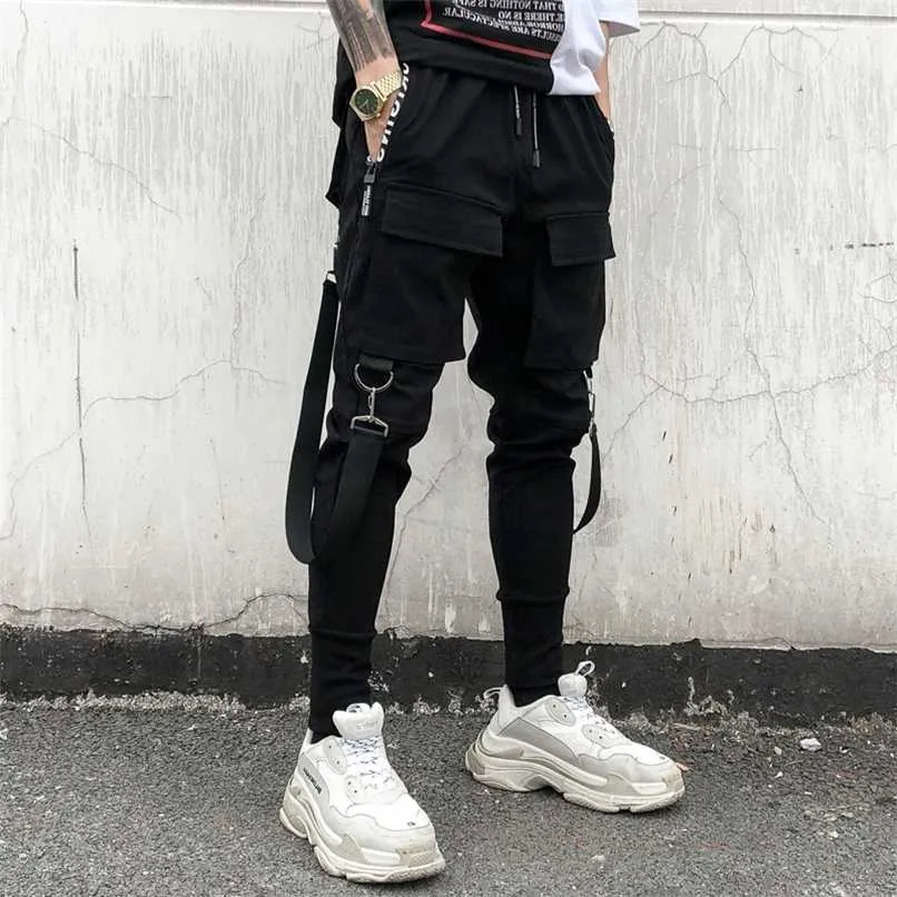 Hip Hop Joggers Mens Black Harem Byxor Multi Pocket Ribbons Mens Sportbyxor Streetwear Cargo Pants Män Japanska Streetwear 211119