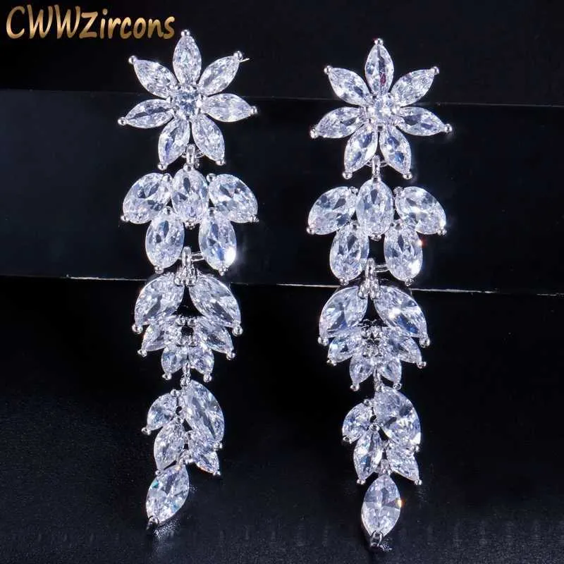 Luxury Marquise Cluster Flower Shape Cubic Zirconia Long Ciondola Orecchini pendenti per spose Gioielli da sposa CZ432 210714