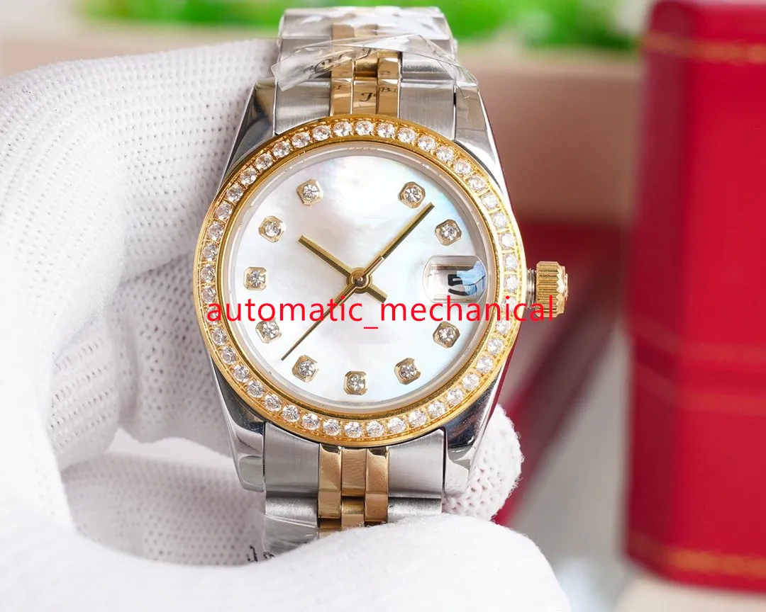 Moda Silver Dial Lady Watch Regalo de Navidad 31 mm Diamond Bisel Acero inoxidable Automático Mechanica Sapphire Perpetual Women Relojes de pulsera Ar493