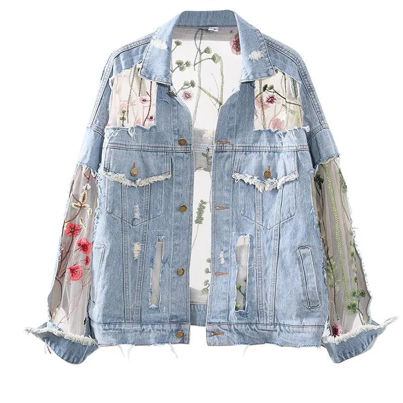 Streetwear Denim Lace Jacket Coat For Women Summer Autumn Embroidery Flower Stitching Mesh Sunscreen Jeans Female