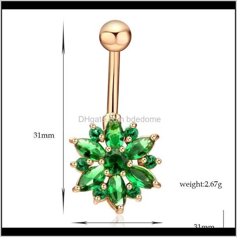 luxury earrings in navel 316l stainless steel green flower crystal navel bars gold belly button ring piercing jewelry
