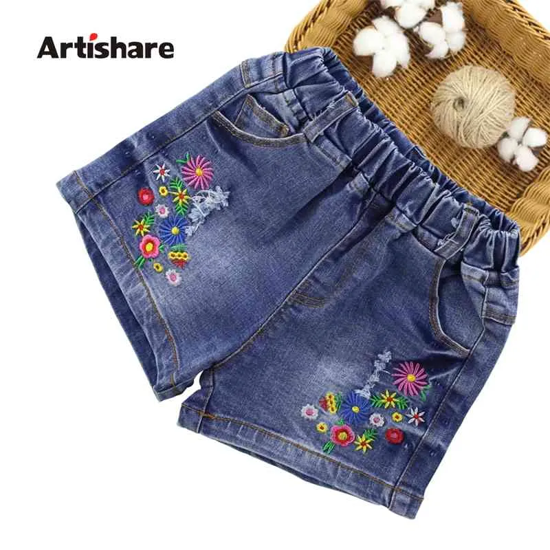 Artishare Dżinsy Dla Dziewczyn Kwiat Haft Krótkie Dżinsy Dziewczyny Casual Jeans Teen Denim Odzież Dla Dziewczyn 6 8 10 12 13 14 rok 210331