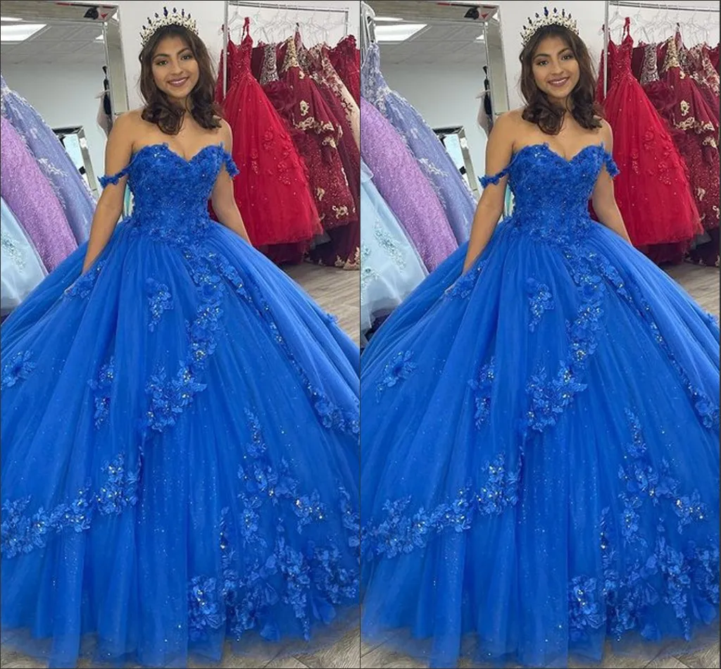 2022 Royal Blue Floral Flowers Aplikacja Quinceanera Prom Dresses Puffy Princess Ball Suknie Zroszony Off The Ramię Sweet 15 Girls Birthday Party