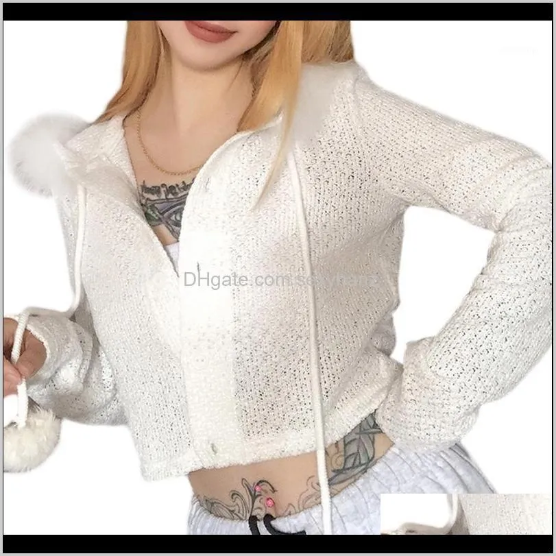 Damskie Kurtki Jesień Z Długim Rękawem Z Kapturem Kobiety Puszysty Pluszowy Patchwork Pompon DString Sweter Płaszcz Solidny Kolor Slim White Knitwear TOP1 H7UBT