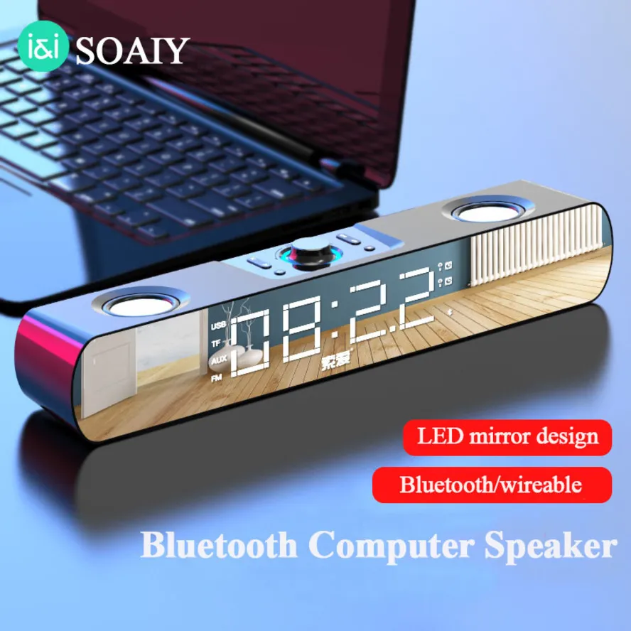 Soaiy Bluetooth Multimedia Speaker, Subwoofer med LED-skärm, klockstång för TV, dator, hemmabio