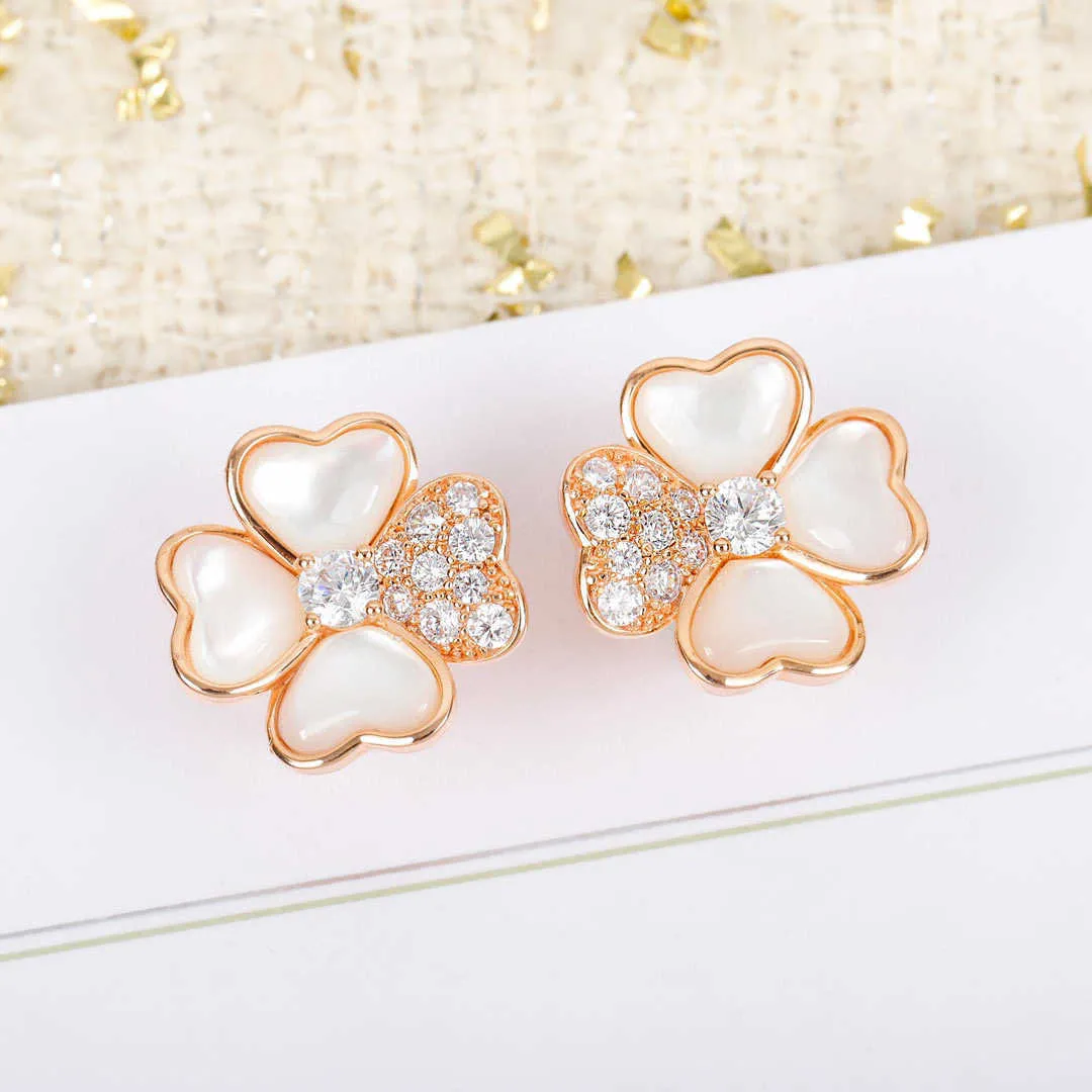 Brand Pure 925 Sterling Silver Jewelry Women Rose Gold Cherry Flower Earrings Luck Clover Design Wedding Party Mother Of Pearls