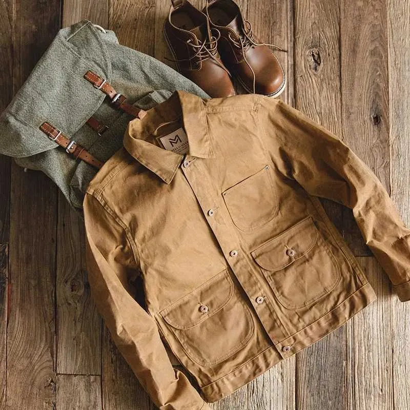 Mens Khaki Waxed Canvas Jacket Retro Multi Pocket Beaded Ami