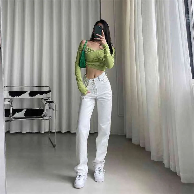 Koreanische Mode Weiße Jeans für Frauen Hohe Taille Lange Streetwear Hosen Gerade Bein Hosen Denim Damen Baggy Femme Schwarz 210708