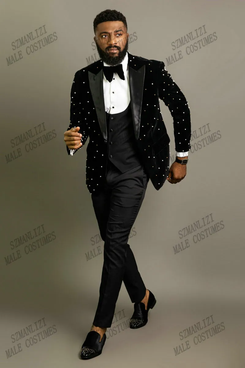 2021 cristal perles noir velours hommes costumes Costume Homme marié Tuxedos mariage Terno Masculino Slim Fit 3 pièces fête Blazer