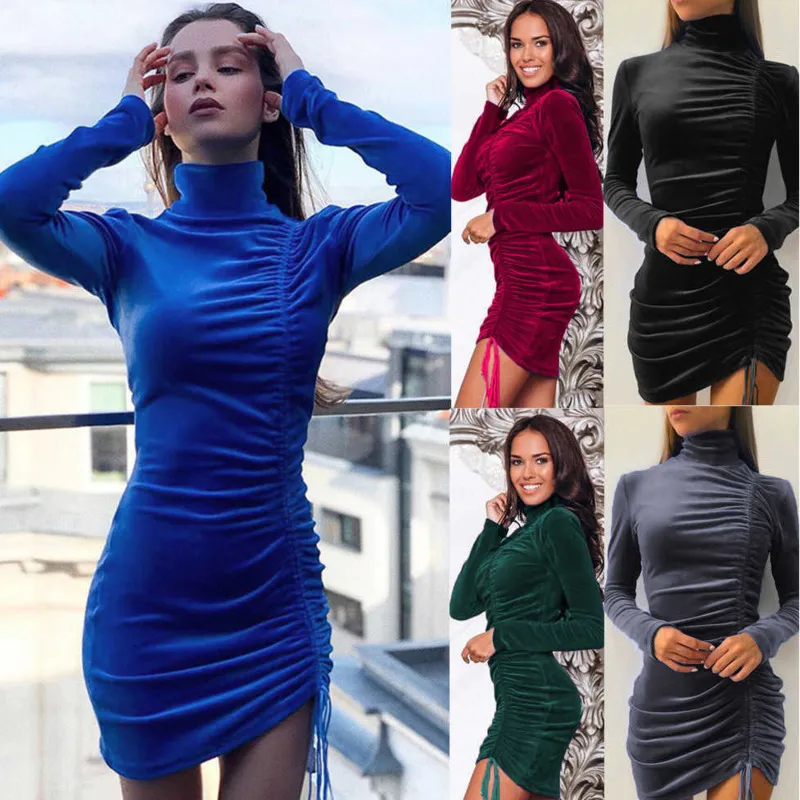 Sexy Frauen Samt Kleider Langarm Velour Kleid Vestidos Kordelzug Hoher Kragen Rock Samt Büro Damen Midi Party Elegante Vintage