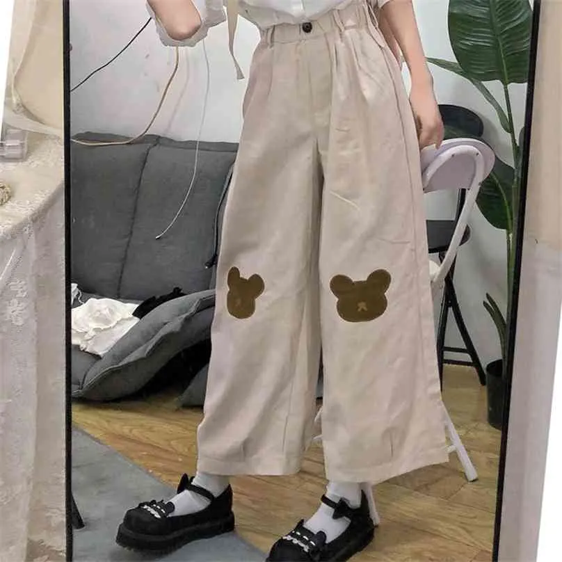 Japanese Kawaii Women Soft Girl Pants Korean Teen Girls Loose Thin Cartoon Bear Embroidery Wild Casual Female Cute 210925