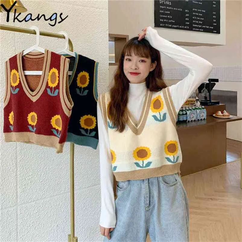 Kobiety Sweter Koreański Styl Casual Kamizelka Wiosna Jacquard Bez Rękawów Dekolt Pulower Harajuku Słoneczniki Dzianiny Moda 210421