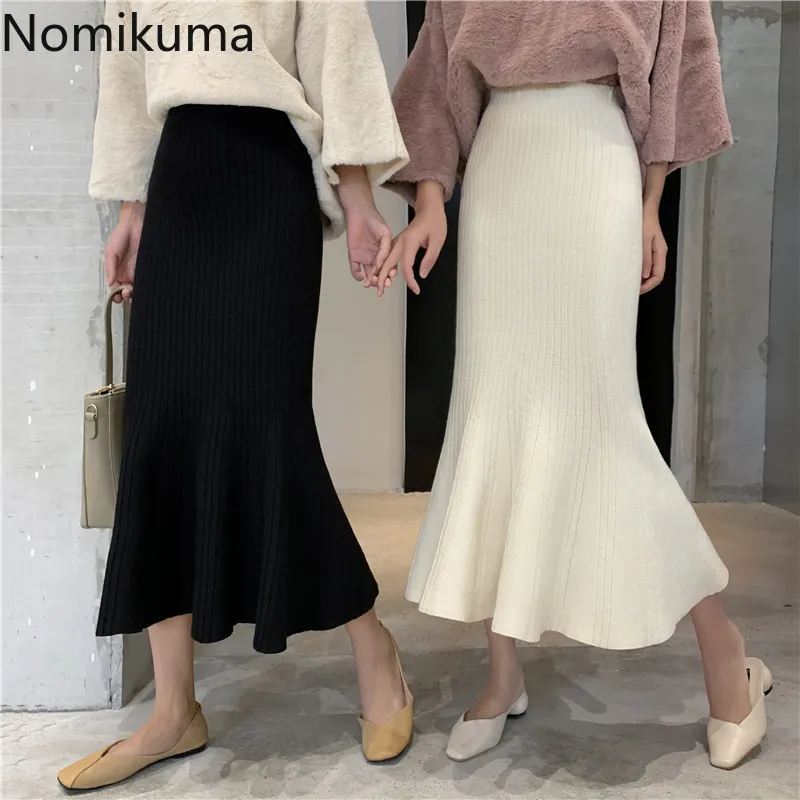 Nomikuma Outono Novas Mulheres Malha Saia Coreana Ruffle Sereia Saias Elegante Cintura alta Slim Sexy Faldas Mujer Moda 6C384 210427