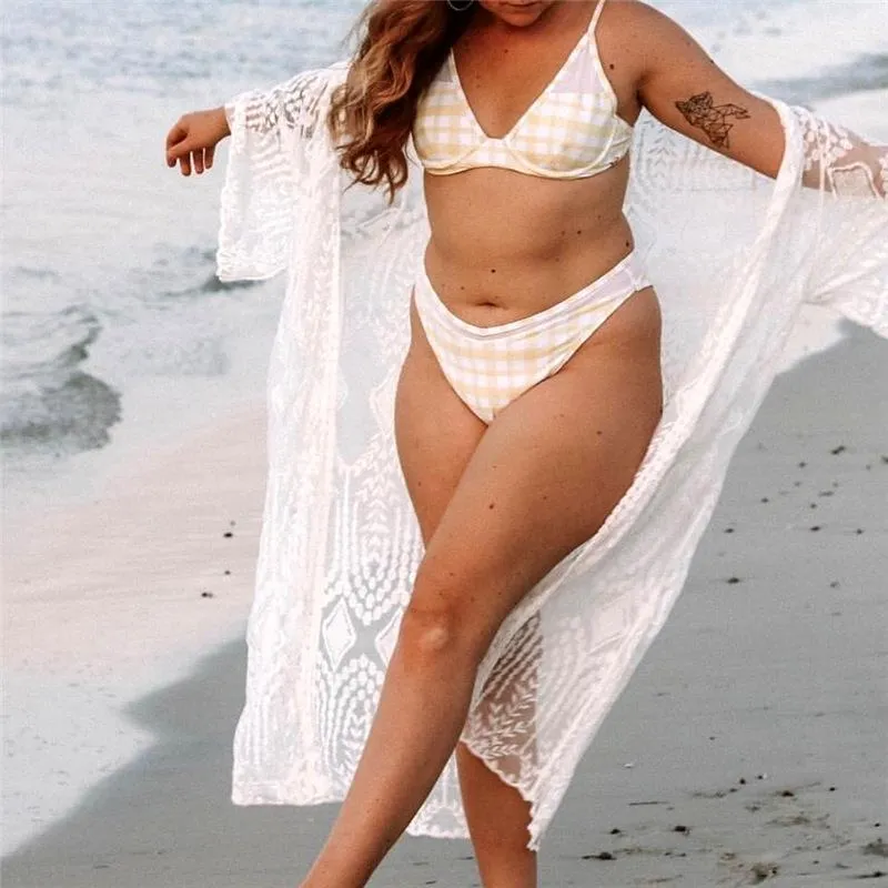 Tuniky na plażę długą koronkową sukienkę Kobiety Swim UP Plus Size