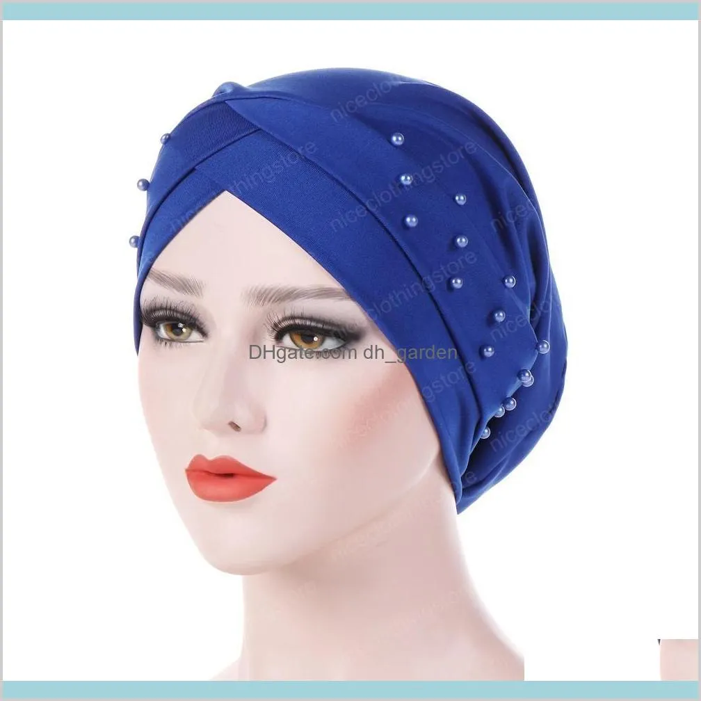 women beads elastic turban hat muslim chemo cap arab hair loss head scarf wrap cover skullies beanies random color