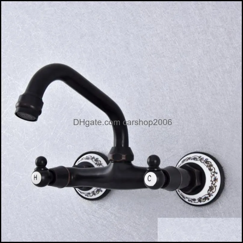 Bathroom Sink Faucets Classic Black Oil Rubbed Brass Swivel Kitchen Faucet Wall Mounted Basin Mixer Dual Handle Tap Lsf730